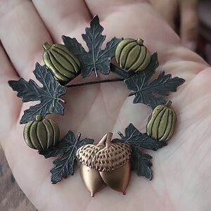 Source Unknown Green‎ and Gold Acorn Brooch